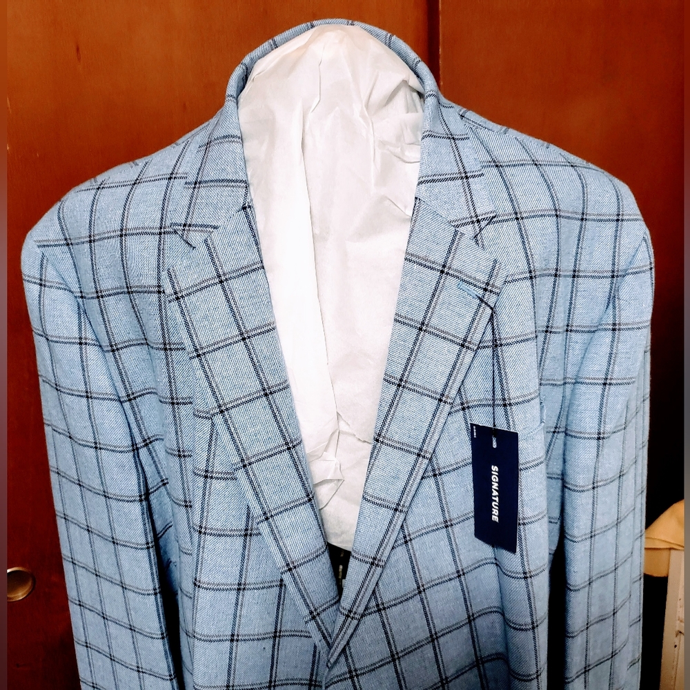 NWT! STAFFORD Blue Windowpane Linen Sport Coat - Size 60 BGLG (Big)